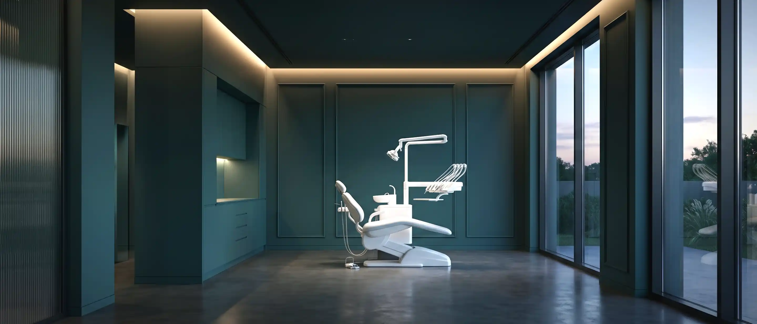 Sala de tratamiento a media luz con un sillón dental, paredes teal y luz indirecta cálida en el techo