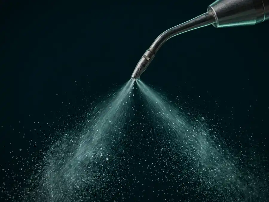Punta de ultrasón dental emitiendo una niebla de agua hacia la luz